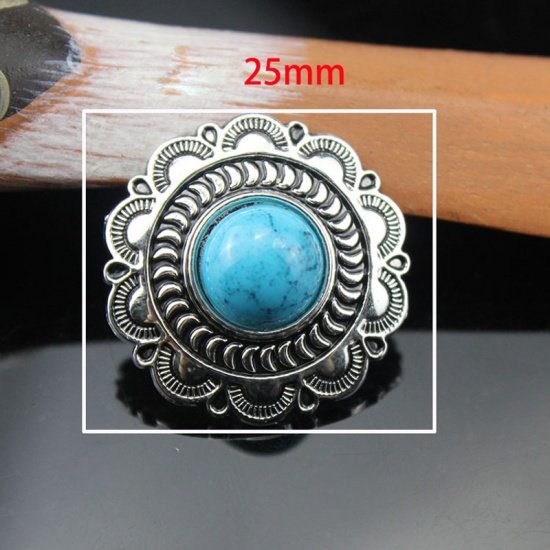 Immagine di Lega di Zinca + Acrilato Metallo Bottone a Pressione Tondo Blu Fiore Disegno Turchese Imitato 25mm Dia, 2 Pz