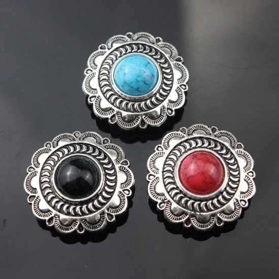 Picture of Zinc Based Alloy & Acrylic Metal Snap Fastener Buttons Round Blue Flower Carved Imitation Turquoise 25mm Dia., 2 PCs