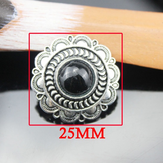 Picture of Zinc Based Alloy & Acrylic Metal Snap Fastener Buttons Round Black Flower Carved Imitation Turquoise 25mm Dia., 2 PCs