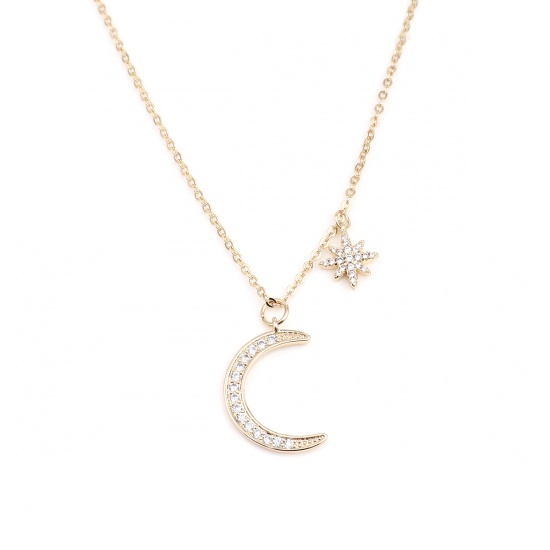 Picture of Galaxy Necklace 16K Real Gold Plated Half Moon Star Clear Rhinestone 41cm(16 1/8") long, 1 Piece