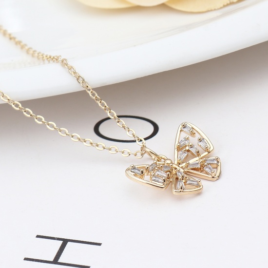 Picture of Necklace 16K Real Gold Plated Bowknot Clear Rhinestone 41cm(16 1/8") long, 1 Piece