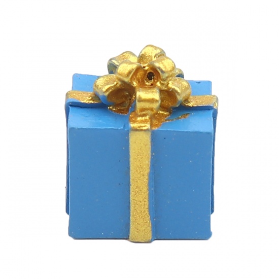 Image de Cabochon Dôme en Résine Boîtes de cadeau Noël Bleu & Or 17mm x 15mm, 6 Pcs
