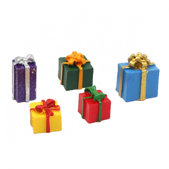 Image de Cabochon Dôme en Résine Boîtes de cadeau Noël Rouge & Jaune 13mm x 11mm, 6 Pcs
