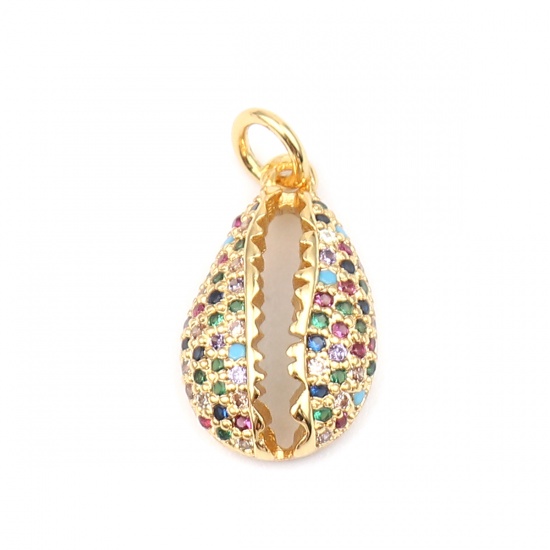 Picture of Zinc Based Alloy Micro Pave Charms Shell Gold Plated Multicolor Rhinestone 21mm x 11mm, 1 Piece