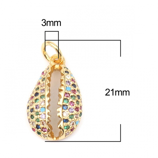 Picture of Zinc Based Alloy Micro Pave Charms Shell Gold Plated Multicolor Rhinestone 21mm x 11mm, 1 Piece