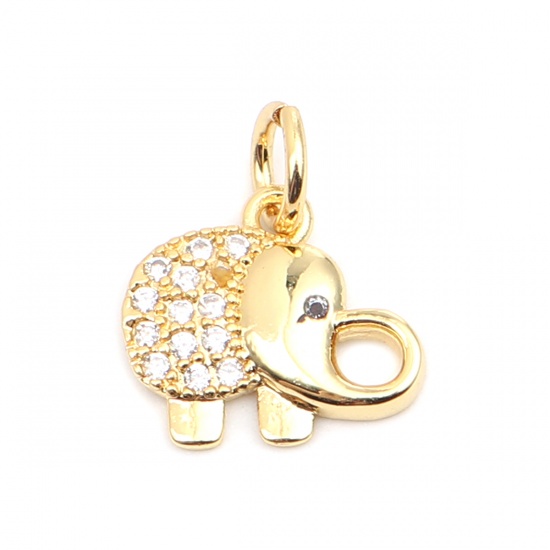 Picture of Zinc Based Alloy Micro Pave Charms Elephant Animal Gold Plated Clear Rhinestone 14mm x 12mm, 1 Piece