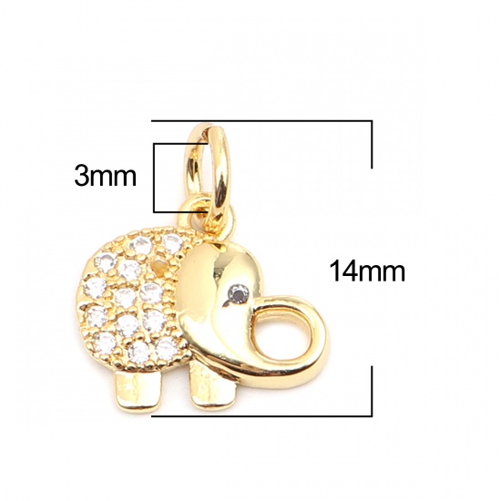 Picture of Zinc Based Alloy Micro Pave Charms Elephant Animal Gold Plated Clear Rhinestone 14mm x 12mm, 1 Piece