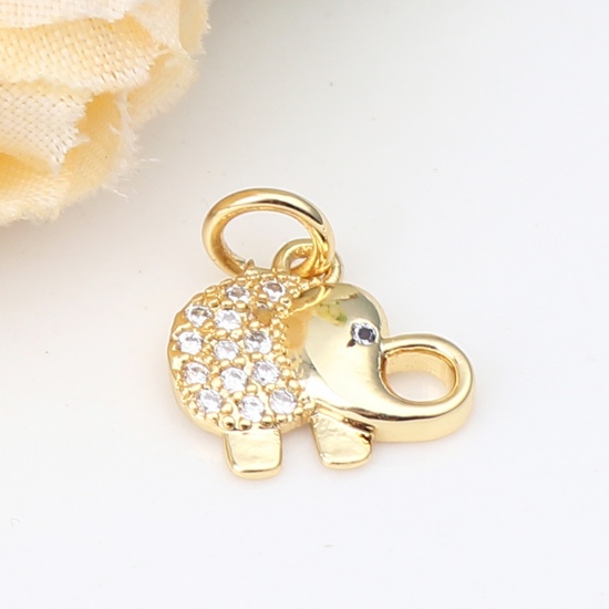 Picture of Zinc Based Alloy Micro Pave Charms Elephant Animal Gold Plated Clear Rhinestone 14mm x 12mm, 1 Piece