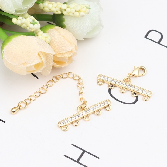 Picture of Zinc Based Alloy Cord End Caps Rectangle Gold Plated Clear Rhinestone 65mm x 25mm 25mm x 18mm, 1 Set