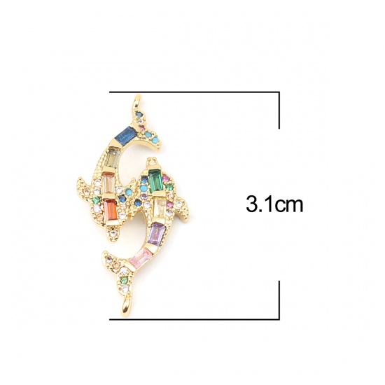 Immagine di Zinc Based Alloy Ocean Jewelry Connectors Fish Animal Gold Plated Micro Pave Multicolor Rhinestone 31mm x 15mm, 1 Piece