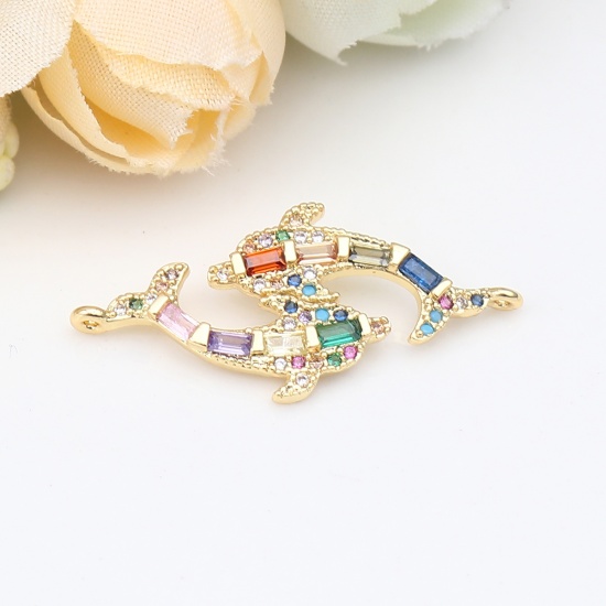 Immagine di Zinc Based Alloy Ocean Jewelry Connectors Fish Animal Gold Plated Micro Pave Multicolor Rhinestone 31mm x 15mm, 1 Piece