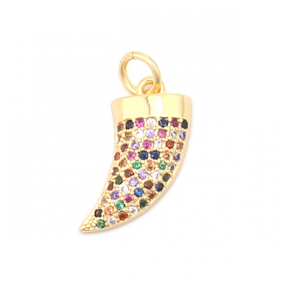 Picture of Zinc Based Alloy Micro Pave Charms Horn-shaped Gold Plated Multicolor Rhinestone 20mm x 8mm, 1 Piece