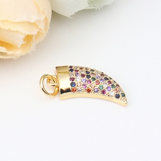 Picture of Zinc Based Alloy Micro Pave Charms Horn-shaped Gold Plated Multicolor Rhinestone 20mm x 8mm, 1 Piece