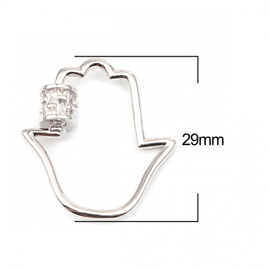 Immagine di Zinc Based Alloy Religious Screw Clasps Necklace Bracelet Findings Hamsa Symbol Hand Silver Tone Can Be Screwed Off Clear Rhinestone 29mm x 26mm, 1 Piece