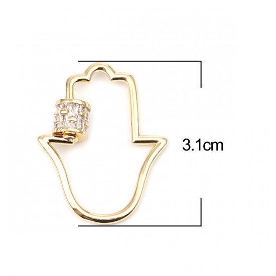Immagine di Zinc Based Alloy Religious Screw Clasps Necklace Bracelet Findings Hamsa Symbol Hand Gold Plated Can Be Screwed Off Clear Rhinestone 31mm x 24mm, 1 Piece