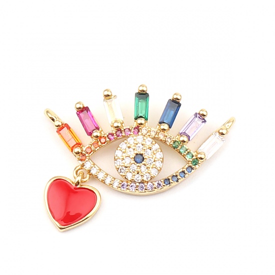 Picture of Zinc Based Alloy Micro Pave Charms Eye Gold Plated Heart Multicolor Rhinestone 27mm x 19mm, 1 Piece