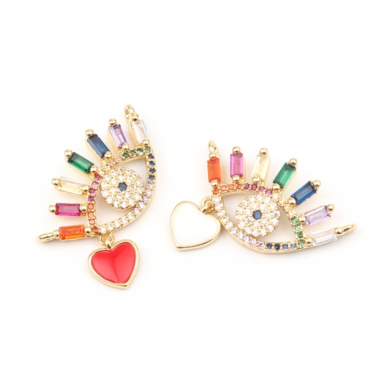 Picture of Zinc Based Alloy Micro Pave Charms Eye Gold Plated Heart Multicolor Rhinestone 27mm x 19mm, 1 Piece