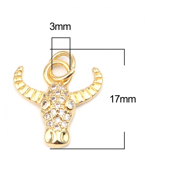 Picture of Zinc Based Alloy Micro Pave Charms Cow Animal Gold Plated Clear Rhinestone 17mm x 13mm, 1 Piece