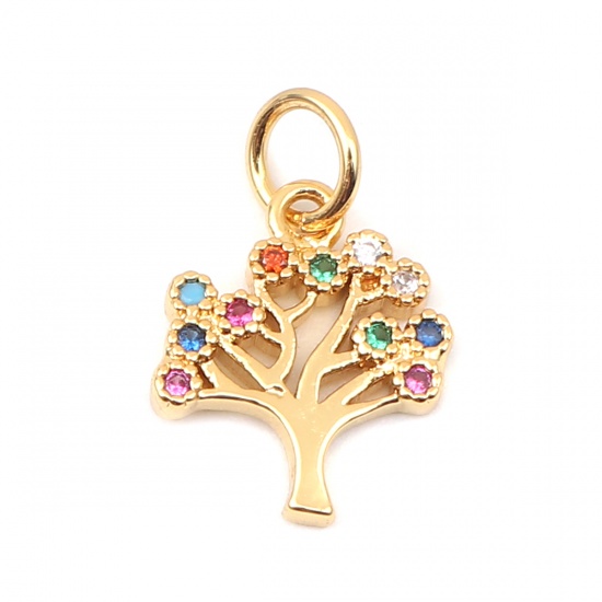 Picture of Zinc Based Alloy Micro Pave Charms Tree Gold Plated Multicolor Rhinestone 15mm x 10mm, 1 Piece