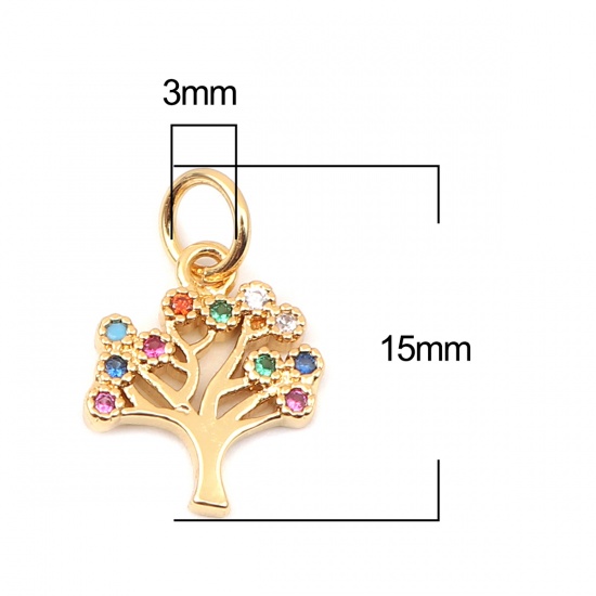 Immagine di Zinc Based Alloy Micro Pave Charms Tree Gold Plated Multicolor Rhinestone 15mm x 10mm, 1 Piece