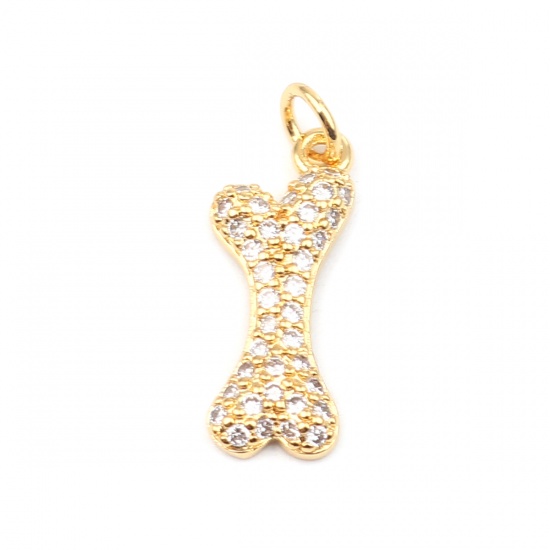 Picture of Zinc Based Alloy Pet Memorial Charms Bone Gold Plated Micro Pave Clear Rhinestone 23mm x 8mm, 1 Piece