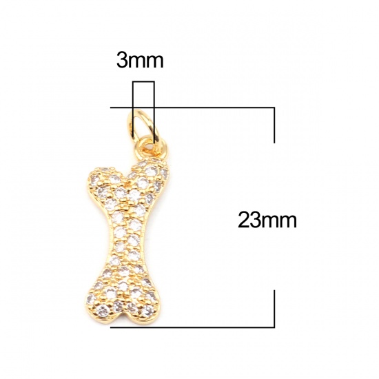 Picture of Zinc Based Alloy Pet Memorial Charms Bone Gold Plated Micro Pave Clear Rhinestone 23mm x 8mm, 1 Piece
