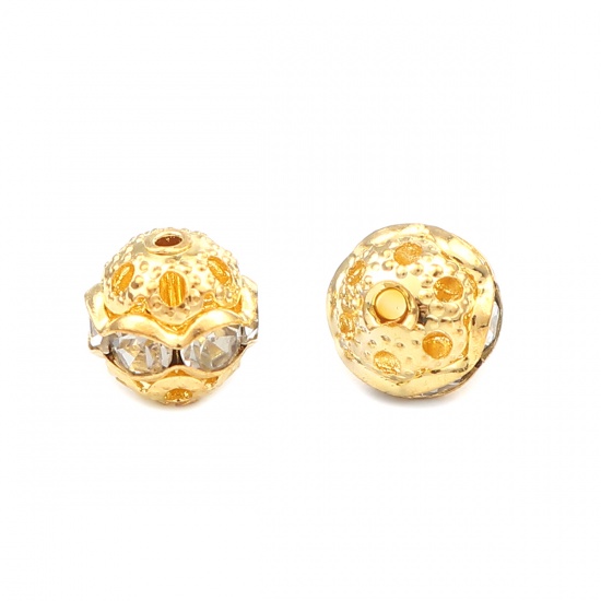 Picture of Spacer Beads Round Gold Plated Clear Rhinestone About 6mm Dia., Hole: Approx 1.1mm, 50 PCs