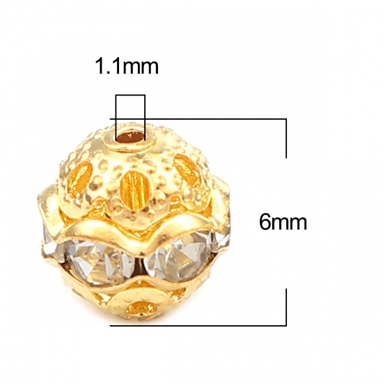 Bild von Zwischenperlen Spacer Perlen Rund Vergoldet Transparent Strass ca. 6mm D., Loch:ca. 1.1mm, 50 Stück