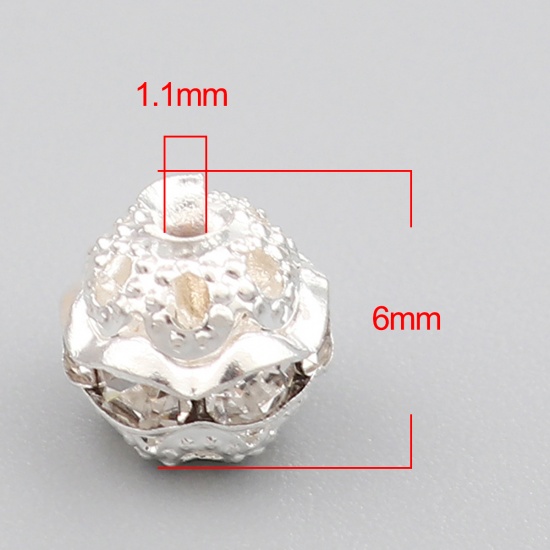 Picture of Spacer Beads Round Silver Plated Clear Rhinestone About 6mm Dia., Hole: Approx 1.1mm, 50 PCs
