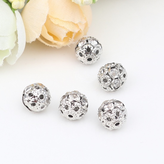 Picture of Spacer Beads Round Silver Tone Clear Rhinestone About 6mm Dia., Hole: Approx 1.1mm, 50 PCs