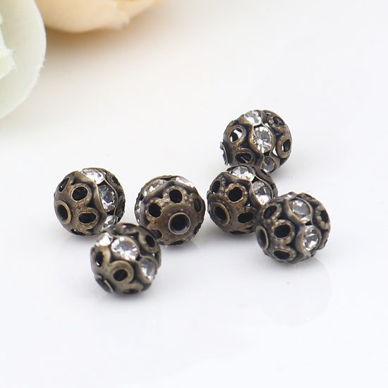 Picture of Spacer Beads Round Antique Bronze Clear Rhinestone About 6mm Dia., Hole: Approx 1.1mm, 50 PCs
