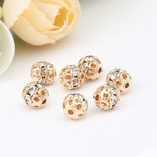 Picture of Spacer Beads Round Gold Plated Clear Rhinestone About 6mm Dia., Hole: Approx 1.1mm, 50 PCs