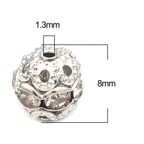 Bild von Messing Perlen Rund Silberfarbe Transparent Strass ca. 8mm D., Loch:ca. 1.3mm, 50 Stück                                                                                                                                                                       