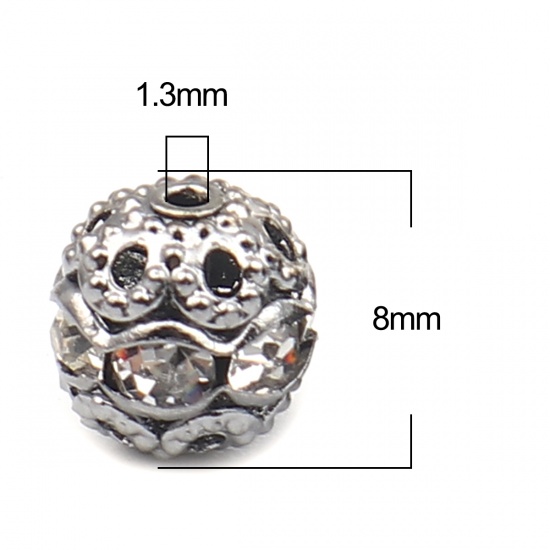 Immagine di Brass Beads Round Gunmetal Clear Rhinestone About 8mm Dia, Hole: Approx 1.3mm, 50 PCs                                                                                                                                                                         