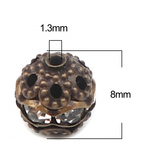 Bild von Messing Perlen Rund Bronzefarbe Transparent Strass ca. 8mm D., Loch:ca. 1.3mm, 50 Stück                                                                                                                                                                       
