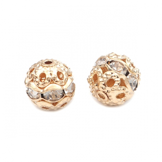 Immagine di Brass Beads Round Gold Plated Clear Rhinestone About 8mm Dia, Hole: Approx 1.3mm, 50 PCs                                                                                                                                                                      