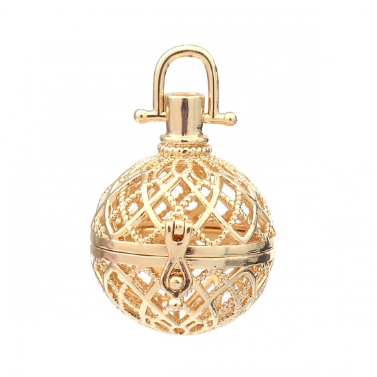 Immagine di Zinc Based Alloy Pendants Mexican Angel Caller Bola Harmony Ball Wish Box Locket Filigree Gold Plated Can Open (Fits 20mm Beads) 38mm x 29mm, 2 PCs
