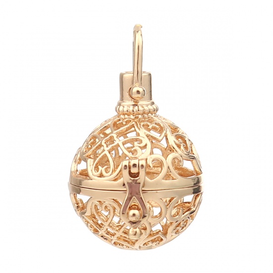 Picture of Zinc Based Alloy Pendants Mexican Angel Caller Bola Harmony Ball Wish Box Locket Filigree Gold Plated Can Open (Fits 15mm Beads) 33mm x 24mm, 2 PCs