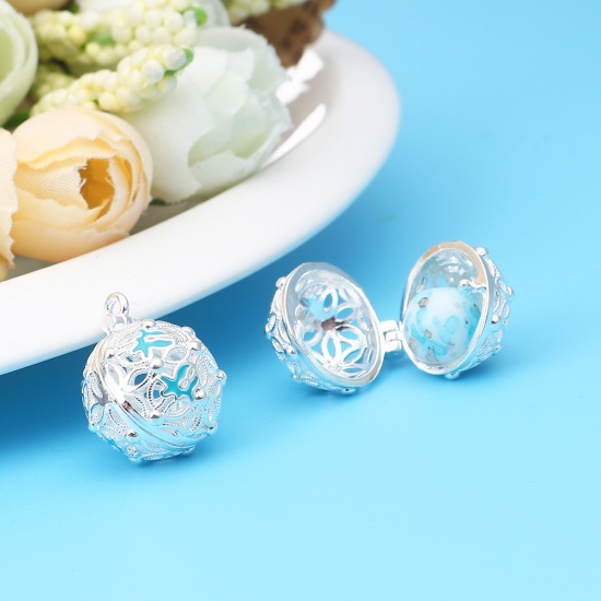 Immagine di Zinc Based Alloy Charms Mexican Angel Caller Bola Harmony Ball Wish Box Locket Flower Silver Plated Blue Can Open (Fits 10mm Beads) 20mm x 15mm, 2 PCs