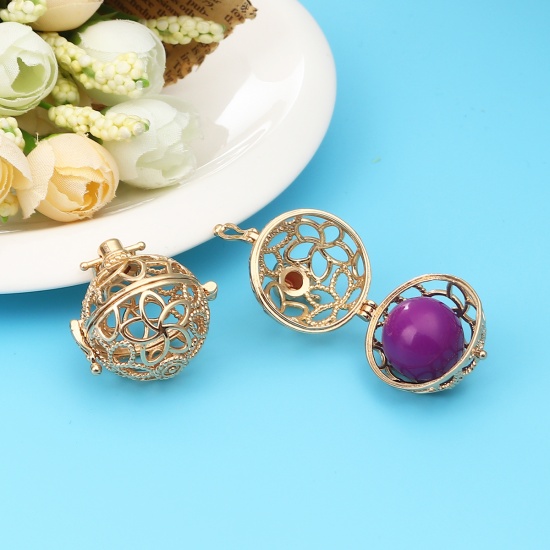 Picture of Zinc Based Alloy Pendants Mexican Angel Caller Bola Harmony Ball Wish Box Locket Flower Gold Plated Can Open (Fits 20mm Beads) 37mm x 29mm, 2 PCs