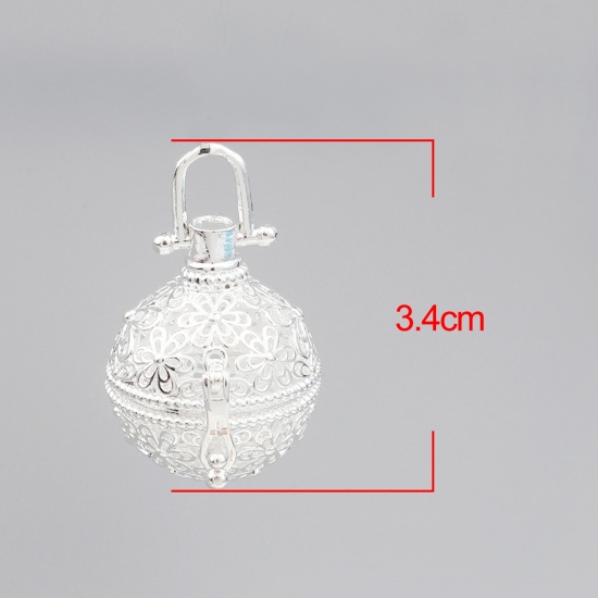 Picture of Zinc Based Alloy Pendants Mexican Angel Caller Bola Harmony Ball Wish Box Locket Flower Silver Plated Can Open (Fits 18mm Beads) 34mm x 26mm, 2 PCs