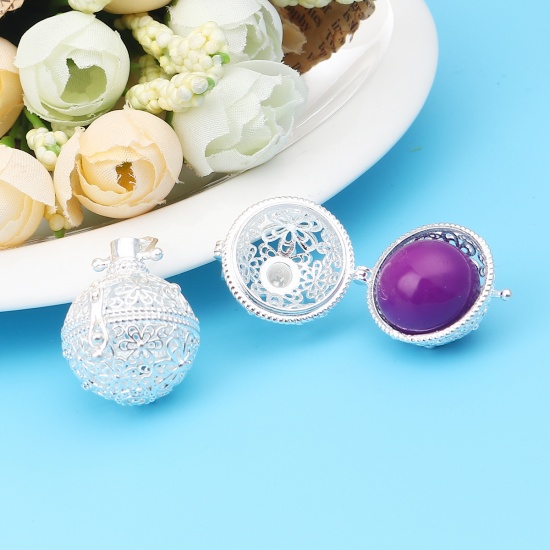 Picture of Zinc Based Alloy Pendants Mexican Angel Caller Bola Harmony Ball Wish Box Locket Flower Silver Plated Can Open (Fits 18mm Beads) 34mm x 26mm, 2 PCs