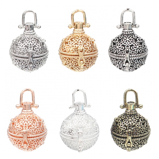 Immagine di Zinc Based Alloy Pendants Mexican Angel Caller Bola Harmony Ball Wish Box Locket Flower Silver Plated Can Open (Fits 18mm Beads) 34mm x 26mm, 2 PCs