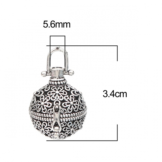 Picture of Zinc Based Alloy Pendants Mexican Angel Caller Bola Harmony Ball Wish Box Locket Flower Antique Silver Color Can Open (Fits 18mm Beads) 34mm x 26mm, 2 PCs