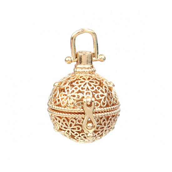 Immagine di Zinc Based Alloy Pendants Mexican Angel Caller Bola Harmony Ball Wish Box Locket Flower Gold Plated Can Open (Fits 18mm Beads) 34mm x 26mm, 2 PCs