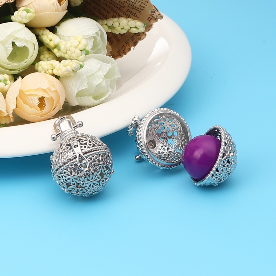 Picture of Zinc Based Alloy Pendants Mexican Angel Caller Bola Harmony Ball Wish Box Locket Flower Silver Tone Can Open (Fits 18mm Beads) 34mm x 26mm, 2 PCs