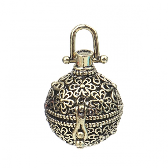 Image de Pendentifs en Alliage de Zinc Harmony Ball Bola de Grossesse Ange Balle Fleurs Bronze Antique Pouvoir Ouvrir (Convenable à Perle 18mm) 34mm x 26mm, 2 Pcs