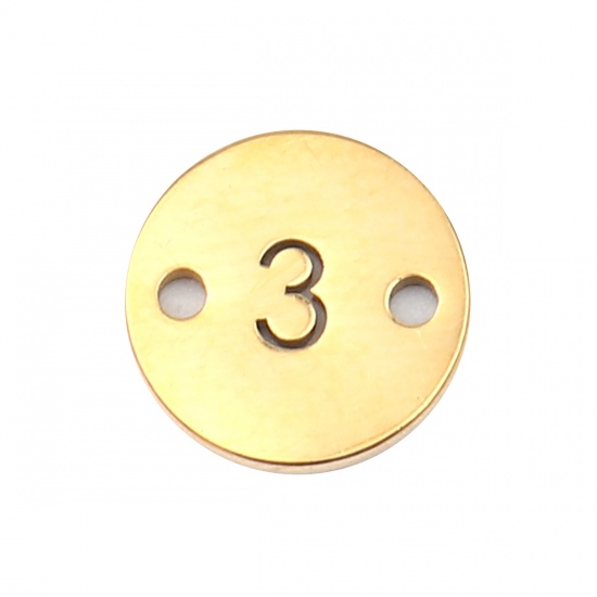 Picture of 2 PCs Vacuum Plating Stainless Steel Connectors Charms Pendants Gold Plated Round Number Message " 3 " 10mm Dia.