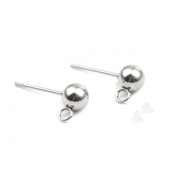 Immagine di Stainless Steel Ear Nuts Post Stopper Earring Findings Silver Tone Round W/ Loop 7mm x 4mm, Post/ Wire Size: (21 gauge), 10 PCs