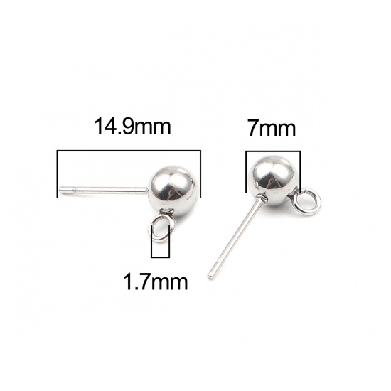 Immagine di Stainless Steel Ear Nuts Post Stopper Earring Findings Silver Tone Round W/ Loop 7mm x 4mm, Post/ Wire Size: (21 gauge), 10 PCs